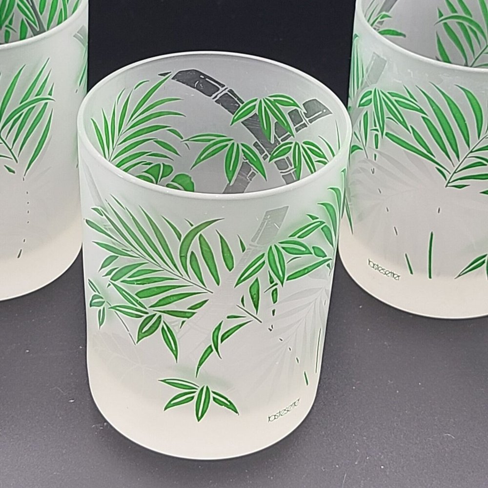 Tastesetter set (3) Bamboo Green Leaves Frosted Lowball Tumbler glasses vintage - Picture 3 of 7